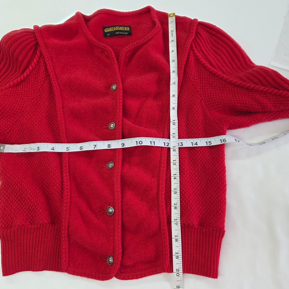 Geiger Boiled Wool Cardigan Women 40 Red Vintage‎ Puff Shoulder Austria READ - Picture 7 of 10